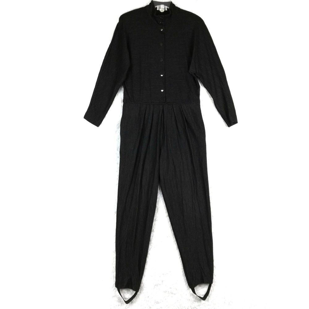 Vtg Doncaster Womens Jumpsuit Romper Wool Blend Black Stripe Snap Front 12